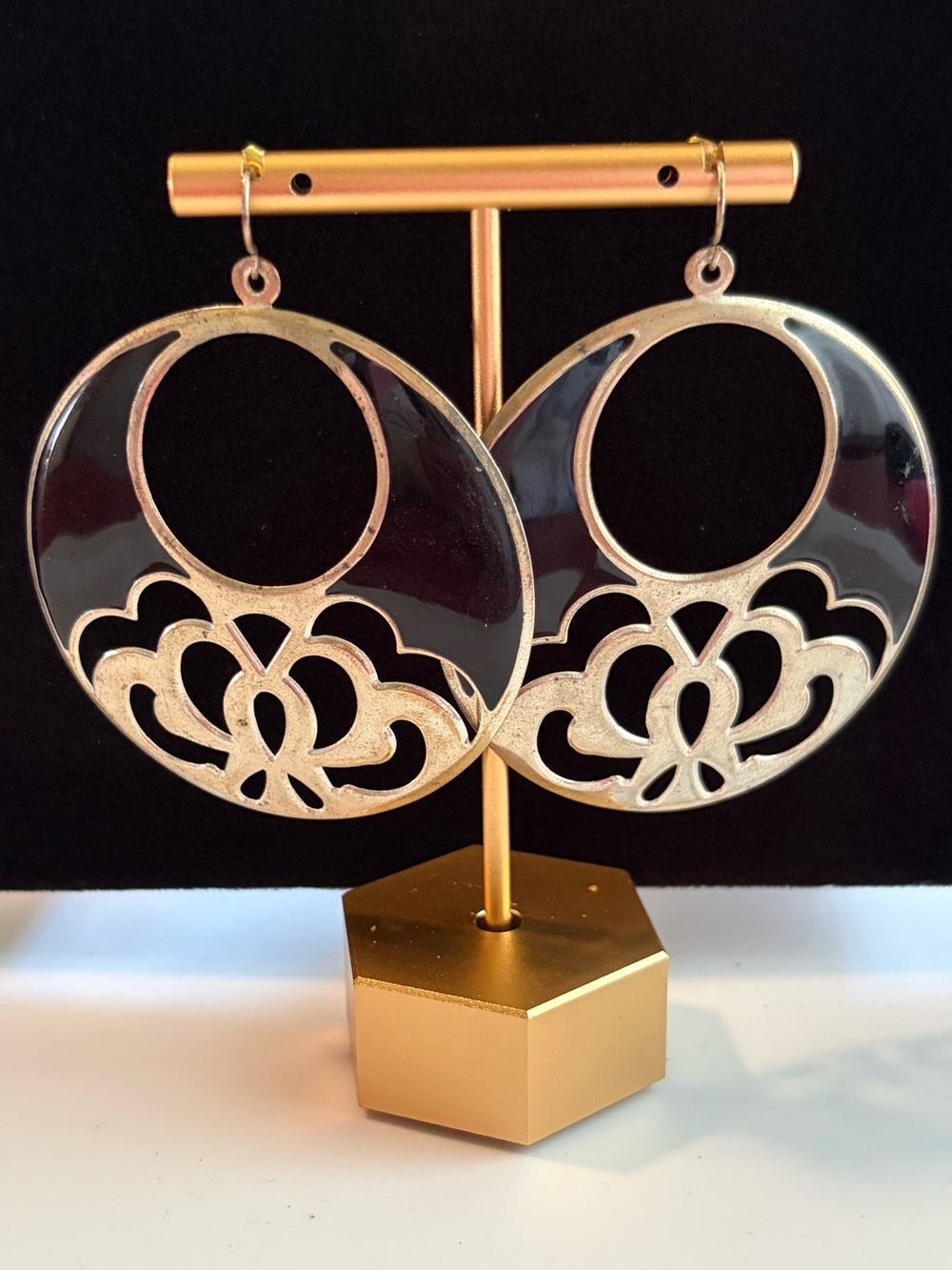 Vintage Large Black and Gold Floral Cutout Hoop Earrings